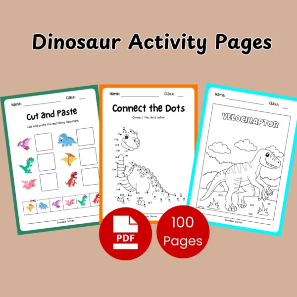 Printable Dinosaur Activities Worksheets – Fun and educational exercises including connect the dots, coloring, matching, cutting, and tracing for kids
